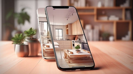 Smartphone with empty screen in modern kitchen interior. 3d renderingの素材