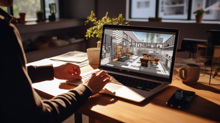 Mockup image of interior designers working on laptop in modern officeの素材