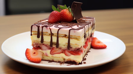 Strawberry cake with chocolate on white plate on wooden table.の素材