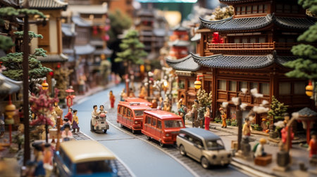 Miniature model of japanese village with red train on the roadの素材