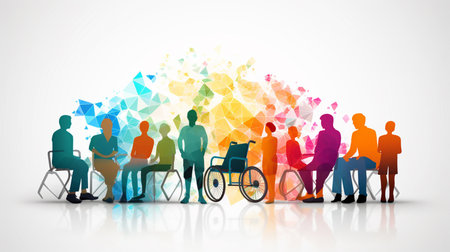 Disabled people with disabilities and wheelchair vector illustration. Diverse group of disabled people with disabilities.の素材