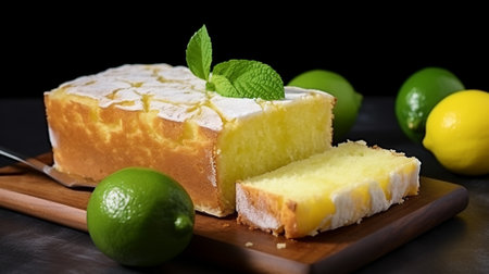 Lemon cake with lime and mint on a wooden board on a black backgroundの素材