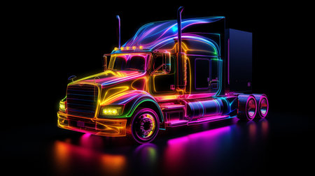 3d rendering of a truck with neon lights on a dark backgroundの素材