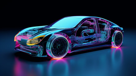 3D rendering of a brand-less generic concept car in neon lightの素材