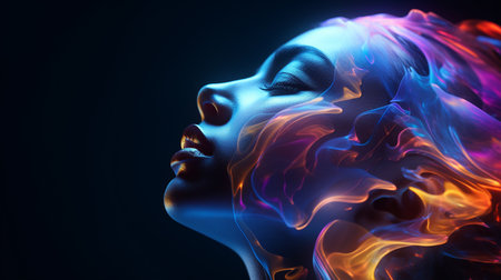 Beautiful woman face with colorful smoke on dark background. 3d renderingの素材