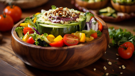 Salad with avocado, tomatoes, cucumbers and nuts in wooden bowlの素材