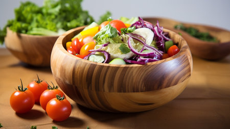 Fresh vegetable salad in wooden bowl on wooden table. Healthy food concept.の素材