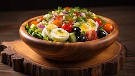 Fresh salad with quail eggs, tomatoes, cucumbers, onions, olives and herbs in a wooden bowl.の素材
