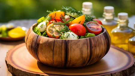 Fresh salad with tomatoes, cucumbers and herbs in a wooden bowlの素材