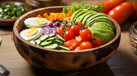 Healthy salad bowl with avocado, tomatoes, cucumber, onion and eggの素材