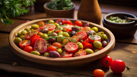 Olive salad with tomatoes and olives on a wooden table.の素材