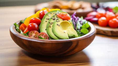 Fresh salad with avocado, cherry tomatoes and mixed greens in wooden bowlの素材