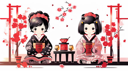 Japanese girl and boy in traditional kimono. Vector illustration.の素材