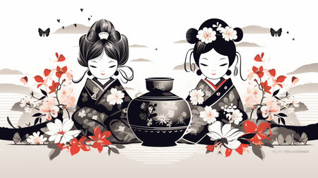 Japanese girls in traditional dress with a vase. Vector illustration.の素材