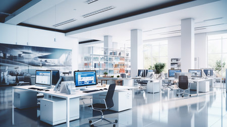 Modern white office interior with computers and city view. 3d renderingの素材