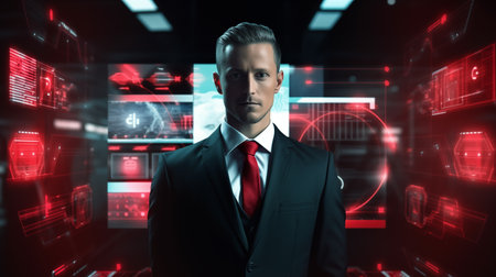 Serious businessman looking at camera with futuristic HUD interface on dark backgroundの素材