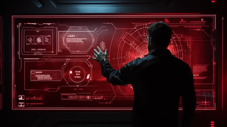 Back view of businessman working with virtual panel on dark background. Mixed mediaの素材