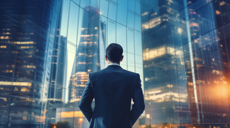 Back view of confident businessman looking at night city. Career and success conceptの素材