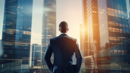 Back view of businessman looking at modern business center with skyscrapersの素材