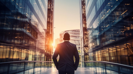Back view of confident businessman standing in modern office building. Mixed mediaの素材