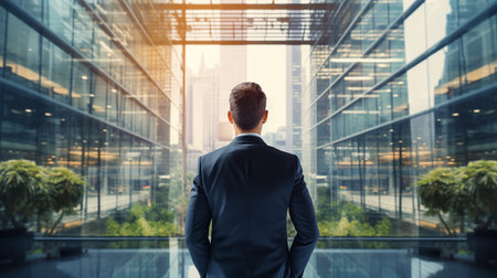 Back view of young businessman looking at skyscrapers through glass wallの素材