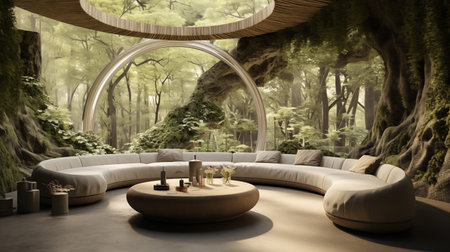 3d rendering of a beautiful terrace with a view of the forestの素材