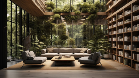 Interior design of modern living room with garden view 3d renderの素材