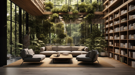 3d rendering interior of modern living room with bookshelf and sofaの素材