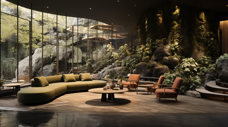 Interior of a modern living room with green sofa 3D renderingの素材