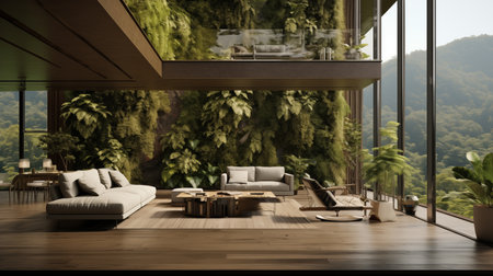 3d rendering of modern wooden terrace with view to the mountainsの素材