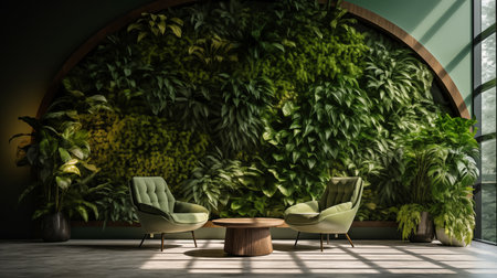 Interior of modern living room with green walls, concrete floor, round coffee table and green armchairs. 3d renderingの素材