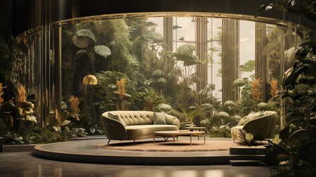 3D rendering of a modern living room with a view of the gardenの素材