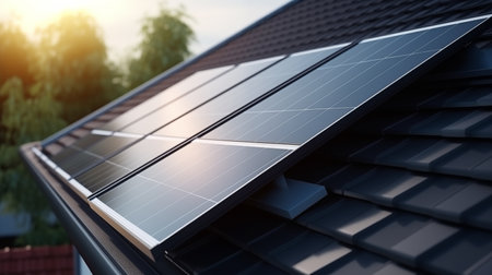 Solar panels on the roof of a house. 3d rendering.の素材