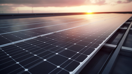 Solar panels installed on the roof of a building in the setting sunの素材