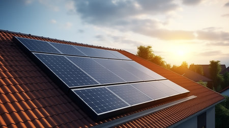 Solar panels on the roof of a house. 3d rendering.の素材