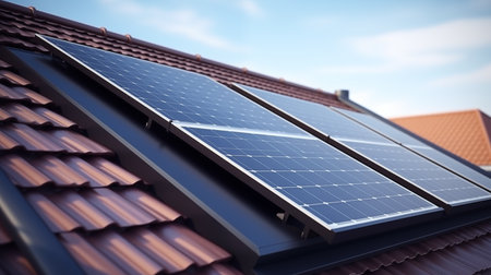 Solar panels installed on the roof of a house. 3d renderingの素材
