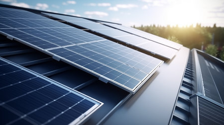 Solar panels installed on the roof of a house. 3d renderingの素材