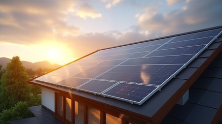Solar panels installed on the roof of a house. 3d renderの素材