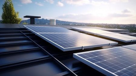 Solar panels on the roof of a modern house. 3d renderの素材