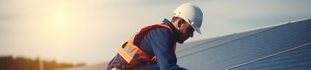 Engineer in a protective helmet and overalls on the roof of a solar power plantの素材