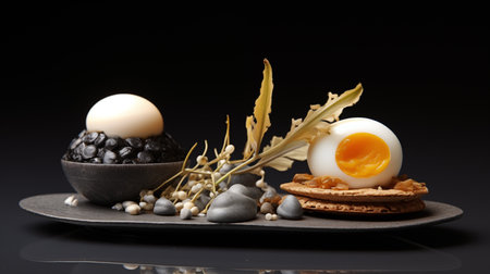 haute cuisine, egg, duck, corn, creamy, huitlacoche with leaves simulating the feathers of a birdの素材