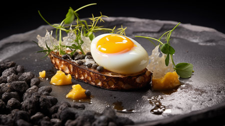 haute cuisine, egg, duck, corn, creamy, huitlacoche on a black backgroundの素材
