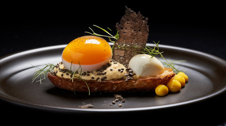haute cuisine, egg, duck, corn, creamy, huitlacoche on haute cuisine plate, black backgroundの素材
