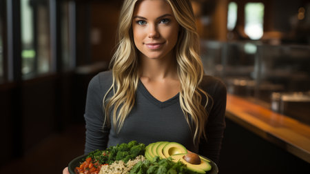 Portrait of beautiful young woman holding bowl with salad in the kitchenの素材