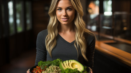 Portrait of a beautiful young woman holding a bowl with healthy foodの素材