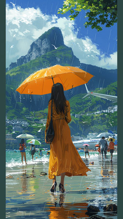 Girl in a raincoat with an umbrella on the background of the mountains.の素材