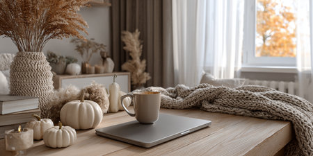 Cup of coffee on wooden table in cozy living room with autumnal decorの素材