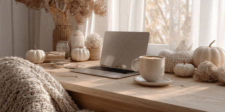 Coffee cup and laptop on wooden table in cozy living roomの素材