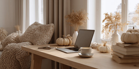 Working place with laptop, coffee cup and autumn decor on wooden tableの素材