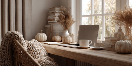 3d render of a home office with a laptop and autumn decorationsの素材